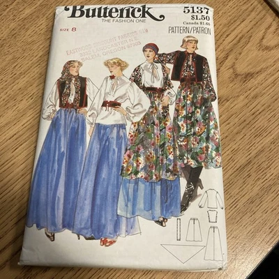 BUTTERICK 5137 PATTERN MS Size 8 BOHO DIRNDL SKIRT BLOUSE VEST SHAWL BELT Cut - Image 1 of 4