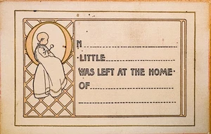 c.1910 Unusual Card “M__ Little (name) Was Left at the Home.." ART DECO Baby - Bild 1 von 2