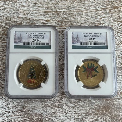 2011P & 2012P Australia Christmas (Tree & Bells) Bronze Coins NGC MS69. 2- Coins - Image 1 of 2