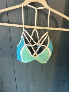 Victorias Secret Pink Medium Blue White Criss Cross Bikini Top Swimsuit Sexy Wow - Picture 1 of 11