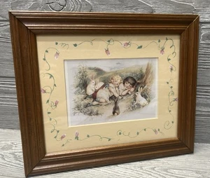 Framed Art Vintage Sleeping Children with Bunnies Hand Painted Mat 10” X 12” - Picture 1 of 7