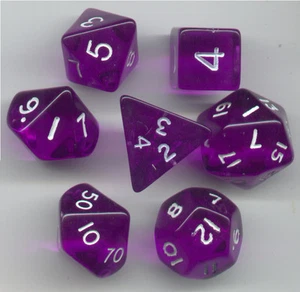 RPG Dice Set of 7 - Translucent Purple D4 D6 D8 D10 D12 D20 D00-90 - Picture 1 of 1