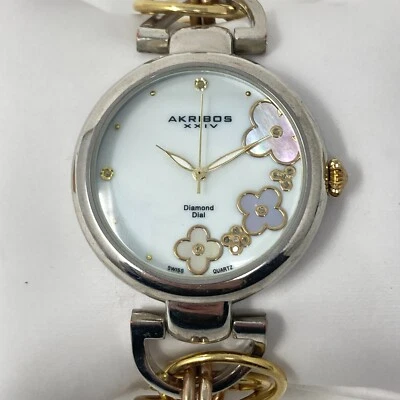 Akribos XXIV Diamond Watch Women 39mm Tri Color MOP Floral New Battery 6.75" - Image 1 of 4