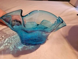 Beautiful Hand Blown Blue 10” Crackle Glass Bowl (SH) - Picture 1 of 4