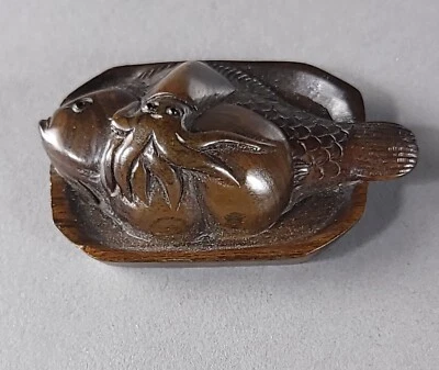 Antique Japanese Meiji Era Netsuke Ironwood Fish & Octopus on Platter Signed - Image 1 of 4