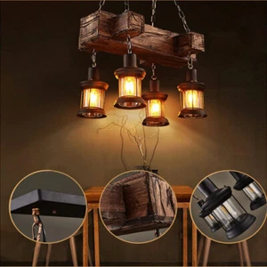 Retro 4 Lamp Rustic Pendant Ceiling Light, Chandelier Wooden Pendant 🔥 - Picture 1 of 17