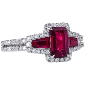 Lab Created Emerald Cut Ruby Three-Stone Style Women's Halo Style Handmade Ring - Picture 1 of 5