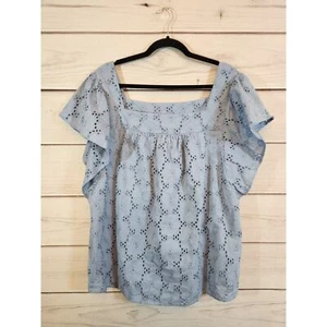 Lane Bryant Women's Blue Cotton Flutter Sleeve Crochet Front Blouse 14/16 NWT - Picture 1 of 7