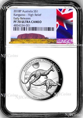 2018 P Australia HIGH RELIEF 1oz Silver Kangaroo $1 Coin NGC PF70 ER New Label - Image 1 of 4