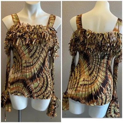 Party Blouse Long Bell Sleeve NWT Kaelyn-Max Fringe and Pleated w Bling Size L - Image 1 of 4