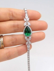 Pear Cut 4.00Ct Simulated Green Emerald Women's Bracelet 14K White Gold Plated. - Picture 1 of 9