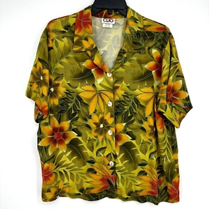 Camicetta donna Clio grande con bottoni arancione verde floreale 100% rayon vintage SS - Foto 1 di 8