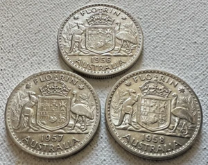 Australia 1956, 1957 & 1958 QEII Silver Florins 50% Silver - 3 Nice Coins (PB67) - Picture 1 of 6