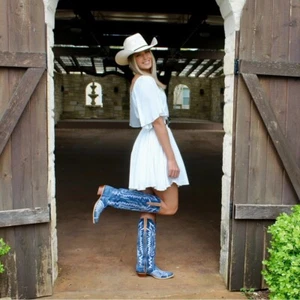 Dan Post Women's Denim Darlin Tall Western Boots Snip Toe Cowboy Size 10 Cowgirl - Picture 1 of 13
