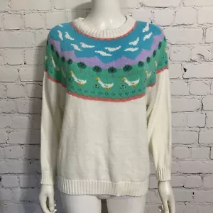 Vintage One Step Up Damen Pullover S weiß Duck Scenary Häkelmuster vorne hinten - Bild 1 von 5