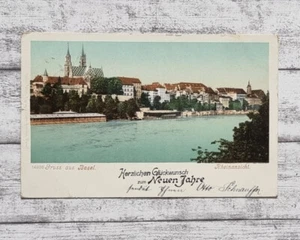 AK Gruss Basel Glückwunsch Neuen Jahr Rheinansicht Architektur Postkarte Deko - Picture 1 of 2