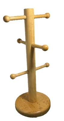 Pomerantz 木制马克杯树架 6 个钉架圆形底座 14 英寸高复古。 — 第 1/4 张图片