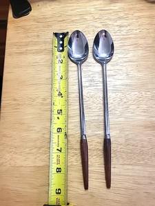 2 Ice Tea Spoons Wood Handle Stainless Steel Holland 8.5" Stirring Spoons - Picture 1 of 3