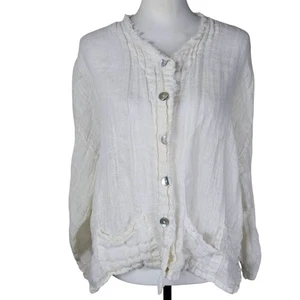 La Fixsun White Linen Gauze Button-Up Shirt Jacket M Boxy Raw Hem Coastal USA - Picture 1 of 10