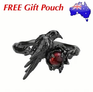 Blood Red Crystal Gothic Crow Dark Silver Mystical Enchanted Open Ring Emo Goth - Picture 1 of 8