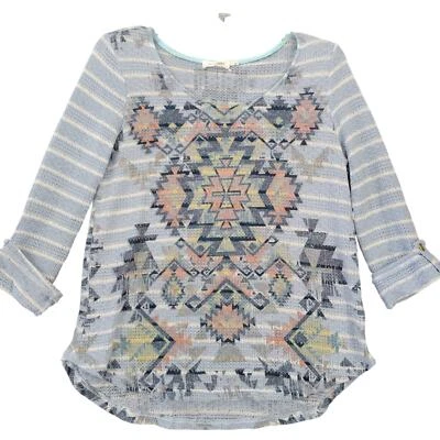 Suéter Azul Pimienta Tejido Boho Geométrico Mangas 3/4 Cuello Redondo Mujeres Talla M Foto 1 de 4