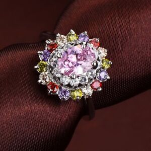 Rainbow Flower Natural Amethyst Pink Topaz Peridot Garnet Silver Ring Size 6-10