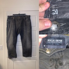 MEK Denim Bulgan Slim Straight Jeans Mens Size 42x34 Black Rockabilly Belted 