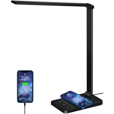 Lampe de Bureau LED avec Chargeur sans Fil, Port de Chargement USB, 5 Modes Lumi - Photo 1/4
