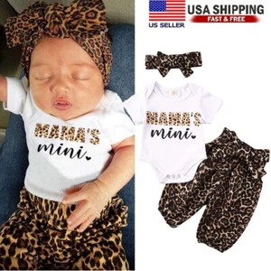 Newborn Baby Girls Outfits Leopard Short Sleeve Romper Trouser Headband Clothes - Picture 1 of 8