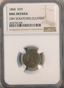 1868 THREE CENT NICKEL **NGC CERTIFIED UNCIRCULATED DETAILS** FREE SHIPPING!! - Picture 1 of 2