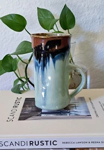 Tazza alta smaltata a goccia verde marrone blu come nuova ceramica fatta a mano firmata 12 oz - Foto 1 di 6