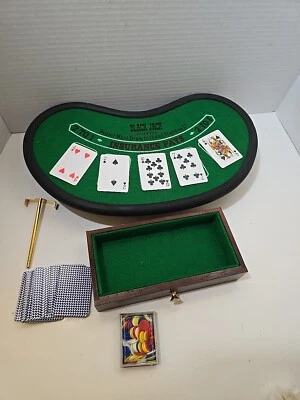 Mini Black Jack Table Game Set Table Top Wood Felt Games Cards Chips  - Image 1 of 4