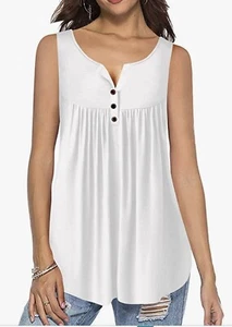 Women S = Junior L Sexy White Button Round Neck Ruffle Comfy Tank Top Shirt - Picture 1 of 10