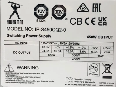 HIGH QUALITY POWER MAN IP-S450CQ2-0 450W ATX In Win Power Supply PS NEW 60-day w - Image 1 of 4