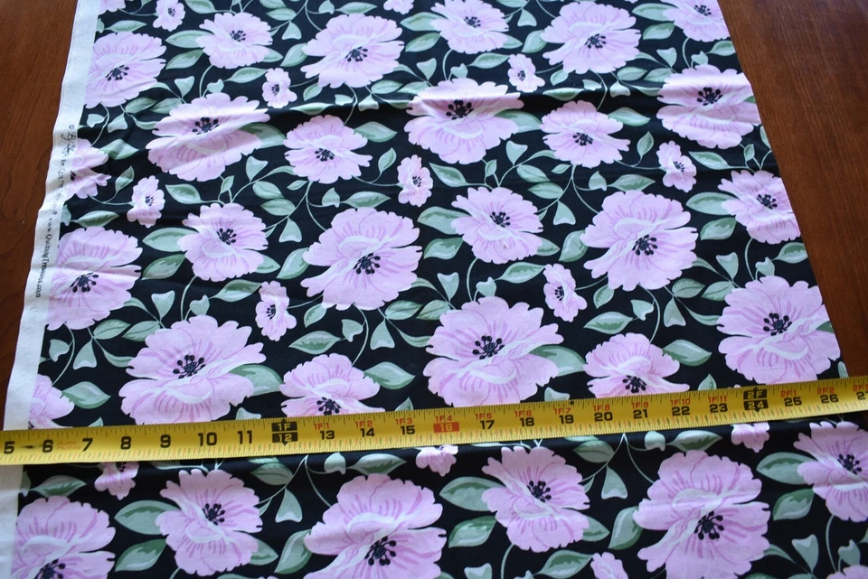 30" Long, Pink Floral on Black Quilt Cotton, Quilting Treasures, BJ Lantz, N4533 - Image 1 of 4