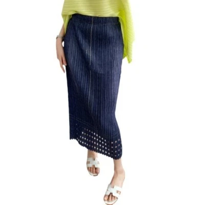 Pleats Please Issey Style Pleated Skirt with Denim Fabric and Cut Out Design - Image 1 of 4