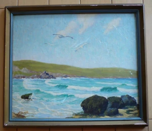 M.J. HOLMAN, PORTHMEOR BEACH, Cornwall SEASCAPE SIGNED OIL PAINTING VINTAGE OIL - Picture 1 of 15