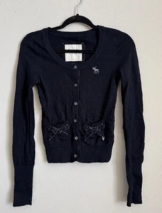 Vintage Y2K Abercrombie & Ditch Navy Blue Scoop Neck Velvet Bow Knit Cardigan S - Picture 1 of 5