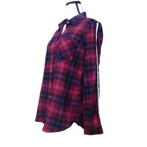 Polly & Esther Juniors' Varsity Stripe Cotton Plaid Shirt, L, Burgundy - Picture 1 of 10