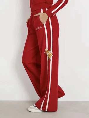 GUESS | Red Floral Embroidered Wide Leg Loose fit Track Pants 'ZOEY' NWT- Large - Image 1 of 4