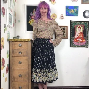 Vintage Cotton Gauze Hippie Skirt, 1990s Black Floral Indian Cotton Midi, OS - Picture 1 of 12