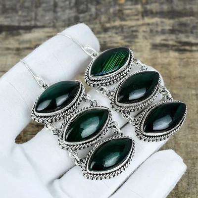 Orecchini A Goccia Tripla In Labradorite Verde 925 Argento Sterling Fatti A Mano - Immagine 1 di 4