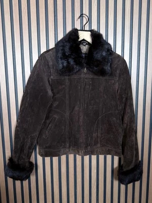 Adler Collection Jacket Medium Dark Brown 100% Genuine Leather Suede Fur Trim - Image 1 of 4