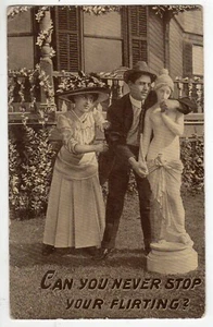 Antique Vintage 1911 Real Photo Postcard-Romantic, Man, Woman, Statue, Flirting. - Picture 1 of 3