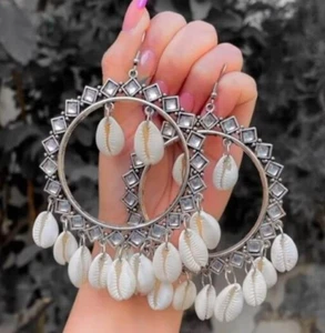 Silver Chanbali Kundan Oxidized Earring Traditional Shell Jewelry Stylish Jhumka - Picture 1 of 2