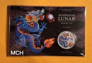 2024 Year Of Dragon Blue Dragon 1oz Silver Coloured Coin In Card - Perth Mint - Picture 1 of 2