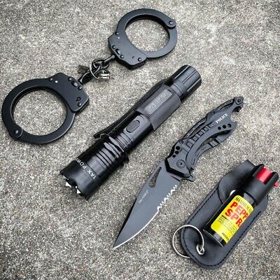 Self Defense Kit - Stun Gun Flashlight W/ Pepper Spray Pocket Knife Handcuff Set • 34.95$