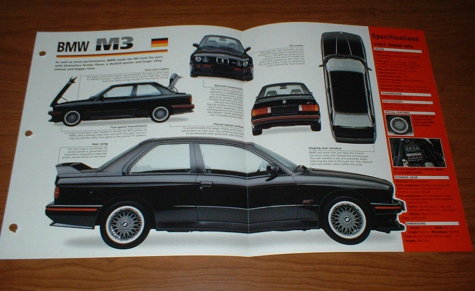 BMW M3 1987 hoja de especificaciones folleto impresión foto información 87 88 89 90 Foto 1 de 1