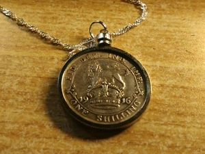 1916 UK Sterling Silver Lion Shilling Pendant on a  28" .925 Silver Wavy chain - Picture 1 of 5