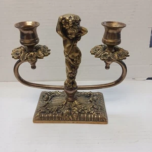 Vintage Brass 2 Arm Candlestick Cherub/ Goddess Unmarked - Picture 1 of 7